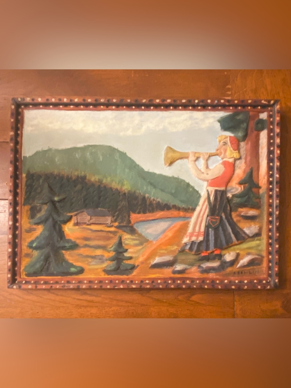 VTG European Folk Art Carved Wooden Plaque Woman and Landscape Signed Abohlin